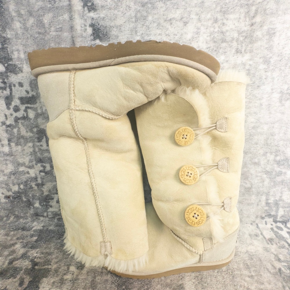 UGG Womens Size 7 Bailey Button Triplet Boots Sand Sheepskin Suede 1873 Tall - Picture 12 of 12